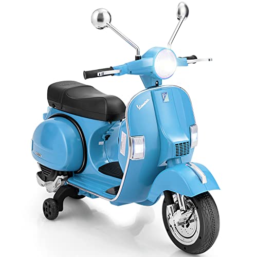 DREAMADE Vespa Elektro Kindermotorrad mit Hilfsrad, Elektrofahrzeug, Elektromotorrad mit Musik & Scheinwerfer & MP3, für Kinder ab 3 Jahren (Blau) von DREAMADE