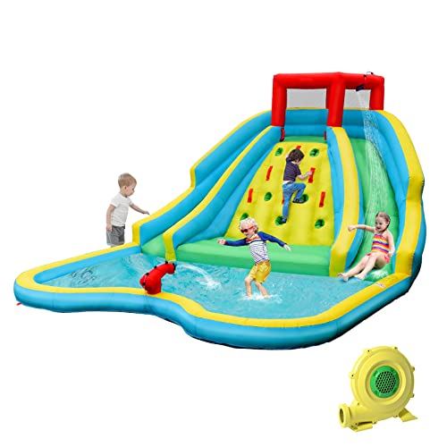 DREAMADE Wasserpark Aufblasbar, Hüpfburg mit Doppelrutsche & Kletterwand & Pool, 450 cm x 360 cm x 230 cm Wasserspielcenter Garten, Hüpfburg für Kinder ab 3 Jahre (mit Gebläse) von DREAMADE