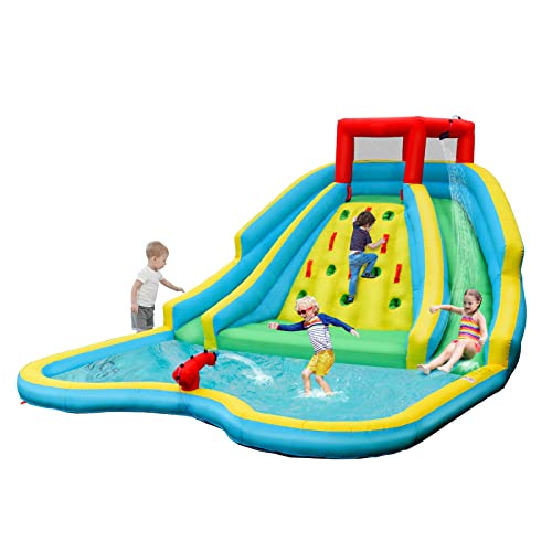 DREAMADE Wasserpark Aufblasbar, Hüpfburg mit Doppelrutsche & Kletterwand & Pool, 450 cm x 360 cm x 230 cm Wasserspielcenter Garten, Hüpfburg für Kinder ab 3 Jahre (ohne Gebläse) von DREAMADE