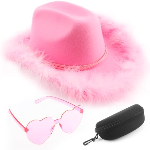 DRESHOW Cowboyhut Damen mit Feder Cowgirlhut mit Herzbrille Brillenetui Set Flauschige Westernhut Cowgirl Hüte Cowboy Kostüm Accessoires für Party Halloween Karnevalsfeiertage DRESHOW Cowboyhut Damen mit Feder Cowgirlhut mit Herzbrille Brillenetui Set Flauschige Westernhut Cowgirl Hüte Cowboy Kostüm Accessoires für Party Halloween Karnevalsfeiertage von DRESHOW