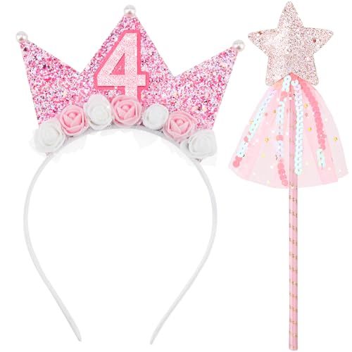 DRESHOW Rosa Geburtstagskrone und Rosa Prinzessin Stern Zauberstab Mädchen Glitzernde Krone Geburtstags für Geburtstage, Weihnachten Halloween von DRESHOW