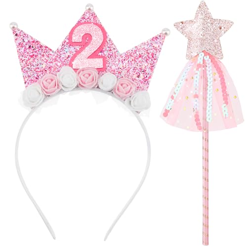 DRESHOW Rosa Geburtstagskrone und Rosa Prinzessin Stern Zauberstab Mädchen Glitzernde Krone Geburtstags für Geburtstage, Weihnachten Halloween von DRESHOW