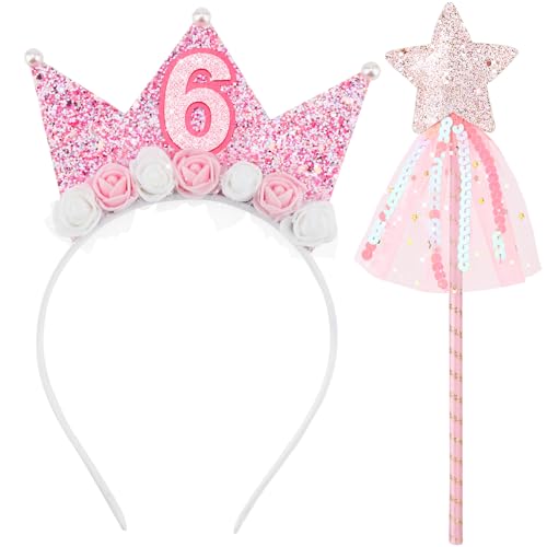 DRESHOW Rosa Geburtstagskrone und Rosa Prinzessin Stern Zauberstab Mädchen Glitzernde Krone Geburtstags für Geburtstage, Weihnachten Halloween von DRESHOW
