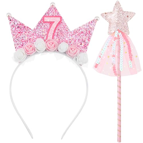 DRESHOW Rosa Geburtstagskrone und Rosa Prinzessin Stern Zauberstab Mädchen Glitzernde Krone Geburtstags für Geburtstage, Weihnachten Halloween von DRESHOW