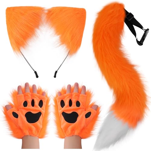DRESHOW Wolf Fuchs Fellschwanz Ohren Stirnband und Handschuhe Set Cosplay Party Kostüm Super riesigen flauschigen Schwanz für Frauen von DRESHOW