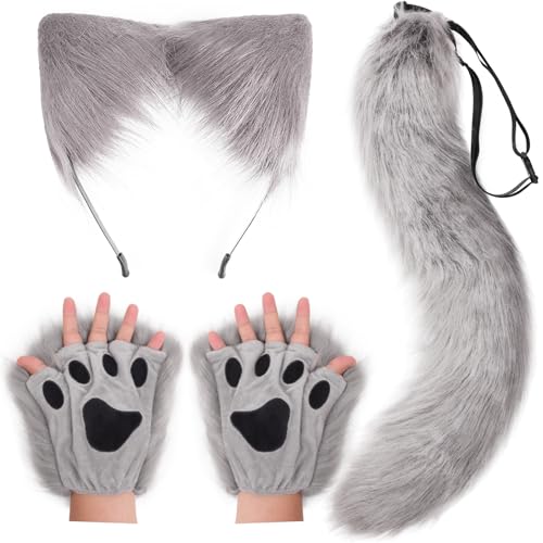 DRESHOW Wolf Fuchs Fellschwanz Ohren Stirnband und Handschuhe Set Cosplay Party Kostüm Super riesigen flauschigen Schwanz für Frauen von DRESHOW