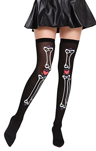 DRESS ME UP - BB-027-black Strümpfe Damenstrümpfe Overknees Schwarz Knochen Herz Tag der Toten Halloween Mexiko von DRESS ME UP