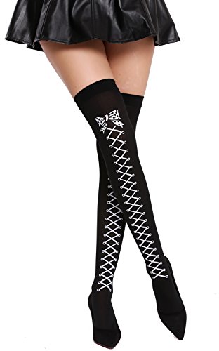 DRESS ME UP - BB-032-black Strümpfe Damenstrümpfe Overknees Halloween Karneval schwarz geschnürt Mieder Schleife Druck von DRESS ME UP