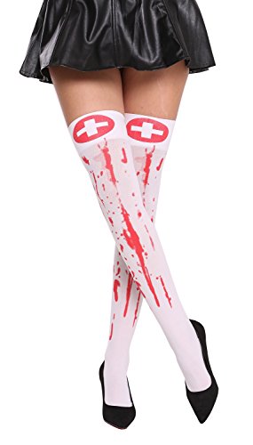 DRESS ME UP - BB-033-bloody Strümpfe Damenstrümpfe Krankenschwester Halloween Karneval weiß Blut rot besudelt blutverschmiert Splatter Horror Zombie von DRESS ME UP