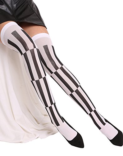 DRESS ME UP - BB-070-black&White Strümpfe Damenstrümpfe Overknees Halloween Schwarz Weiß Karo Streifen Druck Ska von Dress Me Up