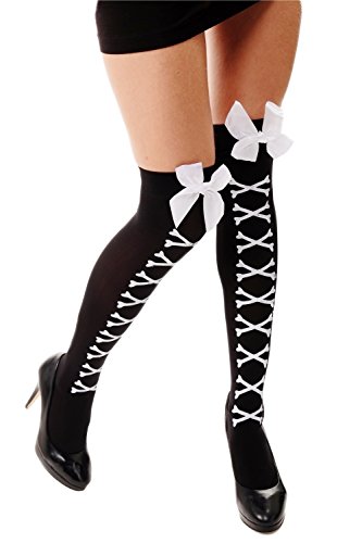 DRESS ME UP - W-039 Halloween Karneval Strümpfe Overknees Schwarz weiße Knochen Gothic Punk Schleifchen Z168 von Dress Me Up