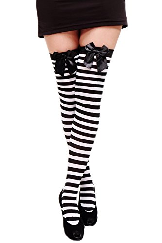 DRESS ME UP - DWS-003-bw Karneval Fasching Cosplay Strümpfe Overknee Kniestrümpfe Ringelstrümpfe Girly Schwarz Weiß von dressmeup