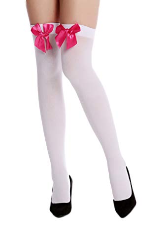 DRESS ME UP Damen Strümpfe Overknees Stockings Karneval Weiß Pinke Schleifen - Universalgröße (34-40), Einfarbig, Erwachsene, Frauen von Dress Me Up
