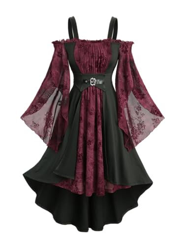 DRESSFO Damen-Kostüm, Gothic, viktorianisch, Punk, Halloween, Renaissance, Blumen, beflocktes Netzkleid (Dunkelrot/S) von DRESSFO