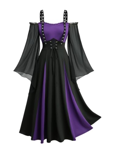 DRESSFO Damen-Kostüm, Gothic, viktorianisch, Punk, Halloween, Renaissance, Chiffon, strukturiert, Schnürkleid (Violett/S) von DRESSFO