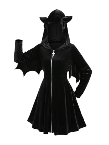 DRESSFO Gothic-Halloween-Kostüm, Fledermausärmel, durchgehender Reißverschluss, Samttasche, Kapuze, Tier, Erwachsene, Cosplay, Vampirkleid, Schwarz, XL von DRESSFO