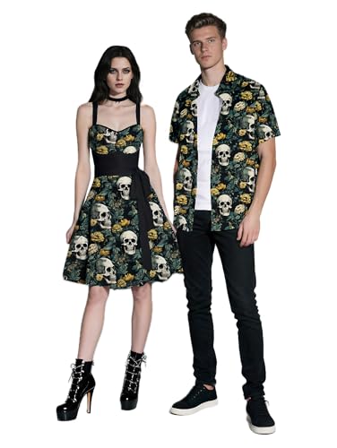 DRESSFO Passendes hawaiianisches Halloween-Outfit für Paare, Gothic-Blumenschädel-Druck, Vampirkleid oder aufrollbare Ärmel, Herren Deep Green, L DRESSFO Passendes hawaiianisches Halloween-Outfit für Paare, Gothic-Blumenschädel-Druck, Vampirkleid oder aufrollbare Ärmel, Herren Deep Green, L von DRESSFO