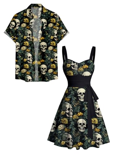 DRESSFO Passendes hawaiianisches Halloween-Outfit für Paare, Gothic-Blumenschädel-Druck, Vampirkleid oder aufrollbare Ärmel, Herren Deep Green, XXL DRESSFO Passendes hawaiianisches Halloween-Outfit für Paare, Gothic-Blumenschädel-Druck, Vampirkleid oder aufrollbare Ärmel, Herren Deep Green, XXL von DRESSFO