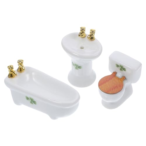 DRESSOOS 1 Satz 1:24 DIY Puppenhaus Mini-Simulation Keramik-Toilette 3-teiliges Badezimmer-Set (vierblättriges Kleeblatt) Puppentoilette Miniatur-Badezimmerzubehör Haushalt Dekorationen von DRESSOOS