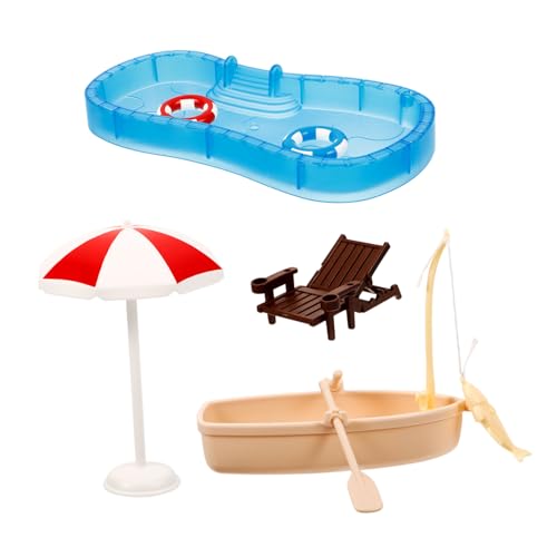 DRESSOOS 1 Set Puppenhaus-Schwimmbad-Strandthema-Kuchenaufsatz Mini-Möbelmodell Puppenhaus-Schwimmring Mini-Stranddekorationen Mini-Schwimmbad Miniatur-Pool-Spielset Aus Kunststoff von DRESSOOS