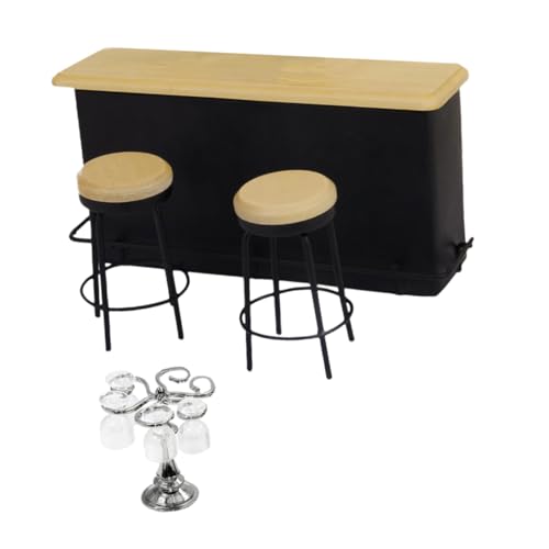 DRESSOOS Miniatur Puppenhaus Bar Szene Set mit Silbernem Becherhalter Quadratischen Gläsern Bartresen Barhockern Detailreiche Mini Food Play Toy Dekoration für Sammler von DRESSOOS