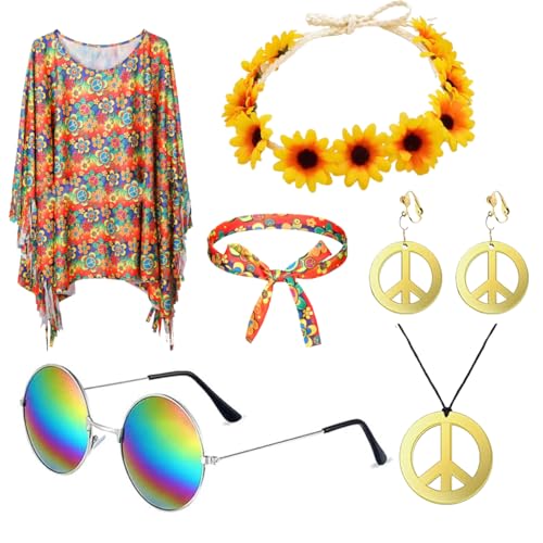 DRJCKOLOTH Hippie-Kostümset für Damen 70er Jahre - Tie-Dye Poncho, Blumen-Stirnband, Retro-Sonnenbrille & Friedenszeichen-Schmuck (Ohrringe, Halskette) - Disco-Outfit für Partys von DRJCKOLOTH