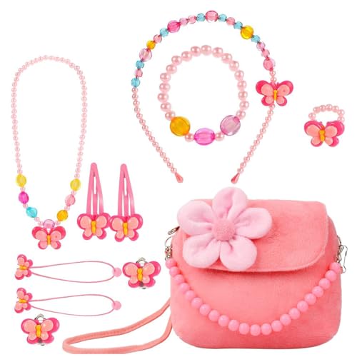 DRJCKOLOTH Mädchen Plüsch-Handtasche mit 8-teiligem Schmuckset (Halskette, Armband, Ring, Ohrringe) für Prinzessinnenpartys – Kinderschmuck ab 3 Jahre von DRJCKOLOTH