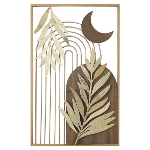 DRW Rechteckige Wandleuchte aus Metall und Holz mit goldenen Blättern und Mond, 2,5 x 35 x 56 cm DRW Rechteckige Wandleuchte aus Metall und Holz mit goldenen Blättern und Mond, 2,5 x 35 x 56 cm von DRW