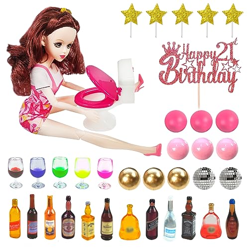 36 Stück betrunkene Puppen-Kuchendekoration mit 12 Mini-Weinflaschen, 5 Mini-Weingläser, 1 Kunststoff-Miniatur-WC-Spielzeug, 1 Schönheitspuppe zum 21. Geburtstag, Kuchenaufsatz zum 21. Geburtstag (braun) von DRWATE