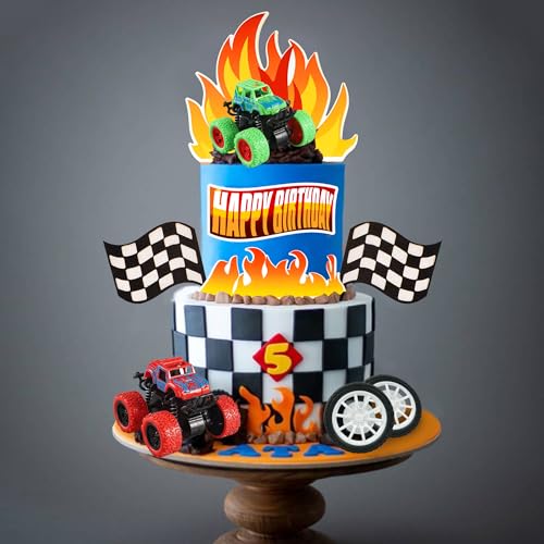 DRWATE LKW-Kuchenaufsätze (9 Stück, rot, grün) – Flame Blaze Wheel Race Car Kuchendekorationen für Kinder, Jungen, LKW-Thema, Rennwagen, Partyzubehör von DRWATE