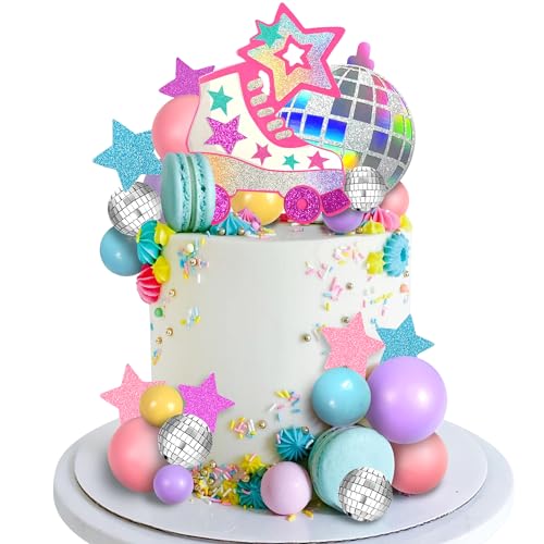 Rollschuh-Kuchenaufsatz, Discokugel, Kuchendekoration, Pastellkugel, Kuchendekorationen für Mädchen, 80er, 90er, Skaten, Hip-Hop-Thema, Rollparty-Dekorationen (Stil 01) von DRWATE