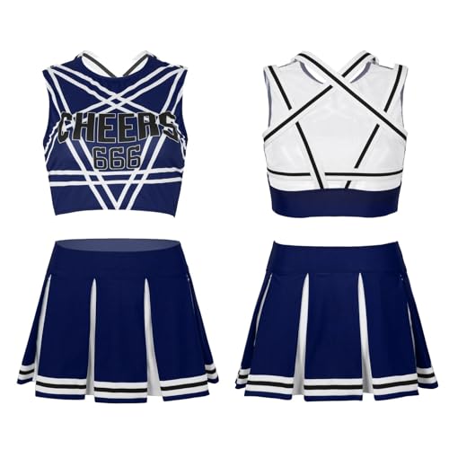 Cheerleader-Kostüm for Damen mit glänzendem Strass, Cheerleading-Uniform, langärmelig, ausgehöhltes bauchfreies Top und Skating-Rock, Tanz-Outfits Für Kostüme, Karneval Und Partys(Dark Blue D,XXL) von DSFDFDG