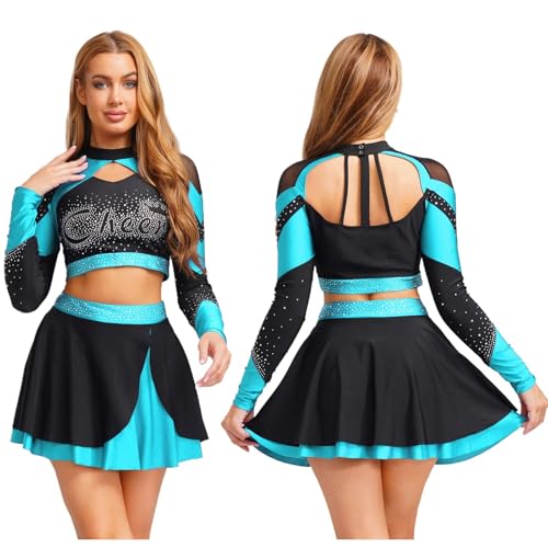 Cheerleader-Kostüm for Damen mit glänzendem Strass, Cheerleading-Uniform, langärmelig, ausgehöhltes bauchfreies Top und Skating-Rock, Tanz-Outfits Für Kostüme, Karneval Und Partys(Light blue A,XXL) Cheerleader-Kostüm for Damen mit glänzendem Strass, Cheerleading-Uniform, langärmelig, ausgehöhltes bauchfreies Top und Skating-Rock, Tanz-Outfits Für Kostüme, Karneval Und Partys(Light blue A,XXL) von DSFDFDG