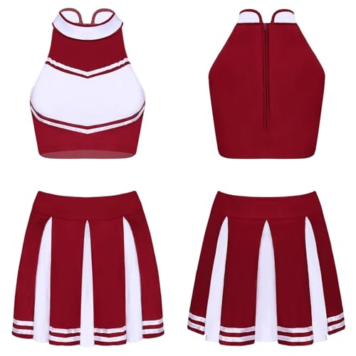 Cheerleader-Kostüm for Damen mit glänzendem Strass, Cheerleading-Uniform, langärmelig, ausgehöhltes bauchfreies Top und Skating-Rock, Tanz-Outfits Für Kostüme, Karneval Und Partys(Wine Red C,L) von DSFDFDG