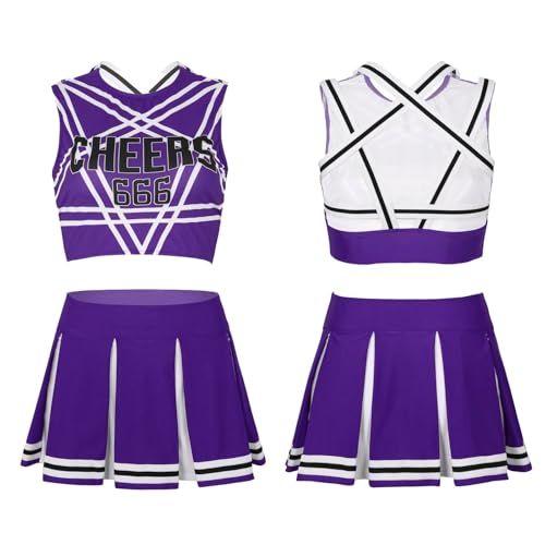 DSFDFDG Cheerleader-Kostüm for Damen mit glänzendem Strass, Cheerleading-Uniform, langärmelig, ausgehöhltes bauchfreies Top und Skating-Rock, Tanz-Outfits Für Kostüme, Karneval Und Partys(Purple D,M) von DSFDFDG