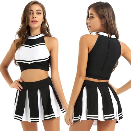 DSFDFDG Cheerleader-Kostüm for Damen mit glänzendem Strass, Cheerleading-Uniform, langärmelig, ausgehöhltes bauchfreies Top und Skating-Rock, Tanz-Outfits Für Kostüme, Karneval Und Partys(Black C,M) von DSFDFDG