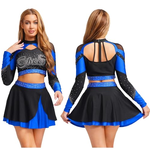 DSFDFDG Cheerleader-Kostüm for Damen mit glänzendem Strass, Cheerleading-Uniform, langärmelig, ausgehöhltes bauchfreies Top und Skating-Rock, Tanz-Outfits Für Kostüme, Karneval Und Partys(Blue A,L) DSFDFDG Cheerleader-Kostüm for Damen mit glänzendem Strass, Cheerleading-Uniform, langärmelig, ausgehöhltes bauchfreies Top und Skating-Rock, Tanz-Outfits Für Kostüme, Karneval Und Partys(Blue A,L) von DSFDFDG