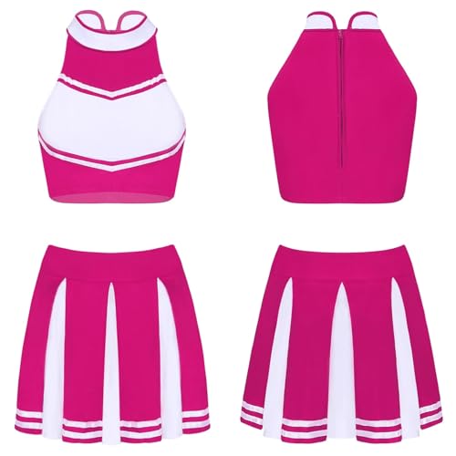 DSFDFDG Cheerleader-Kostüm for Damen mit glänzendem Strass, Cheerleading-Uniform, langärmelig, ausgehöhltes bauchfreies Top und Skating-Rock, Tanz-Outfits Für Kostüme, Karneval Und Partys(Pink C,XXL) von DSFDFDG