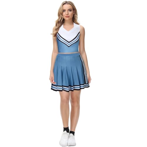 DSFDFDG Cheerleader-Uniform, Prinzessinnen-Top, Rock, blau, weiß, Cheerleading-Outfits, Party-Kostüm for High-School-Mädchen Für Kostüme, Karneval Und Partys(XS) von DSFDFDG
