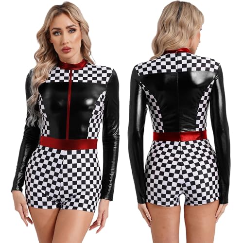 DSFDFDG Damen Racer Romper Bodysuit Cheerleading Uniform Langarm Boyshorts Schachbrettmuster Fahrer Jumpsuit Für Kostüme, Karneval Und Partys(Black,S) von DSFDFDG