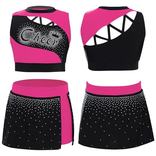 DSFDFDG Kinder Mädchen Cheerleader Kostüm Sporttreffen Cheerleading Uniform Tanz Outfit Cutout Strass Crop Top mit Seitenschlitz Rock Für Kostüme, Karneval Und Partys(Pink,6) von DSFDFDG