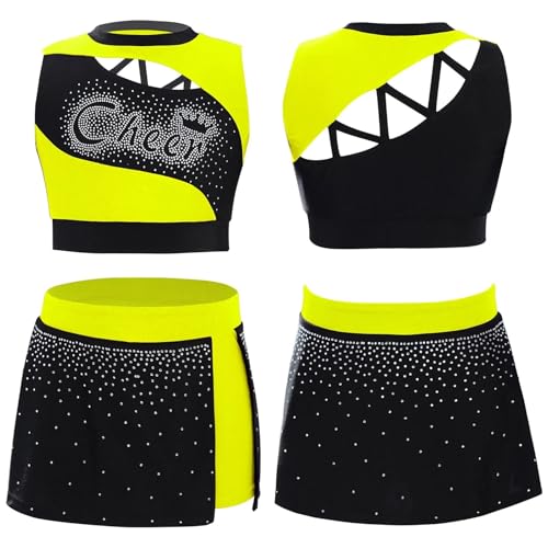 DSFDFDG Kinder Mädchen Cheerleader Kostüm Sporttreffen Cheerleading Uniform Tanz Outfit Cutout Strass Crop Top mit Seitenschlitz Rock Für Kostüme, Karneval Und Partys(Yellow,6) von DSFDFDG