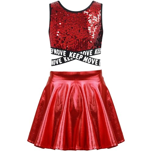 DSFDFDG Kinder Mädchen Cosplay Cheerleader Kostüm Cheer Dance Outfit Pailletten Cheerleading Uniform Crop Top Rock for Dancewear Kleidung Für Kostüme, Karneval Und Partys(Red,16) von DSFDFDG