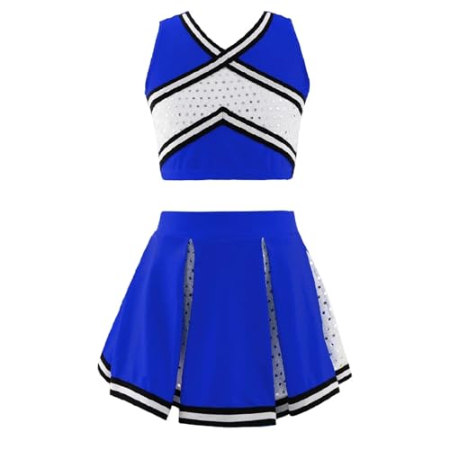 DSFDFDG Mädchen Cheerleader Dance Set Uniform Ärmelloses Top Vorne V-Ausschnitt Mit Elastischem Bund Rock Cheerleading Für Kostüme, Karneval Und Partys(Blue,12) von DSFDFDG