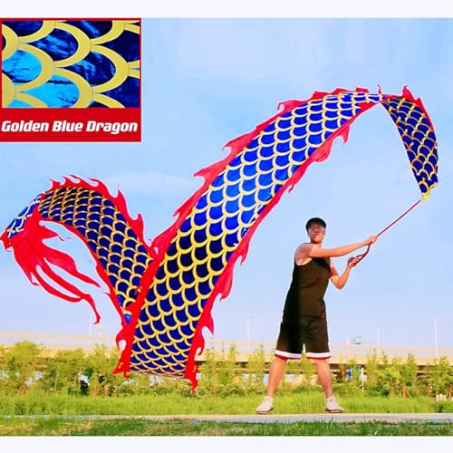 DSJUGGLING 3D Dragon Poi mit 340 g beschwertem Ball und 1,1 m Schaukelseil, Seide, fließend, schüttelnder, goldener Drachenband, Luftschlangen + Reisetasche. (6 m), goldener blauer Drache) von DSJUGGLING