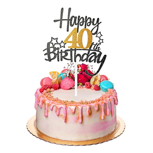 1 Stück Happy 40th Birthday Kuchen Topper,Tortendeko 40 Geburtstag,Tortendeko Schwarz Gold 40th,Glitzer Prost auf 40 Jahre Geburtstag Kuchen Deko,40 Jahre Cupcake Toppers,für 40 Geburtstag Party von DSLSQD