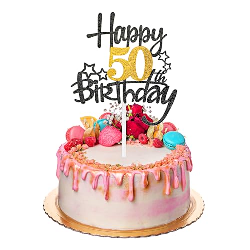 1 Stück Happy 50th Birthday Kuchen Topper,Tortendeko 50 Geburtstag,Tortendeko Schwarz Gold 50th,Glitzer Prost auf 50 Jahre Geburtstag Kuchen Deko,50 Jahre Cupcake Toppers,für 50 Geburtstag Party von DSLSQD