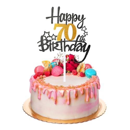 1 Stück Happy 70th Birthday Kuchen Topper,Tortendeko 70 Geburtstag,Tortendeko Schwarz Gold 70th,Glitzer Prost auf 70 Jahre Geburtstag Kuchen Deko,70 Jahre Cupcake Toppers,für 70 Geburtstag Party von DSLSQD