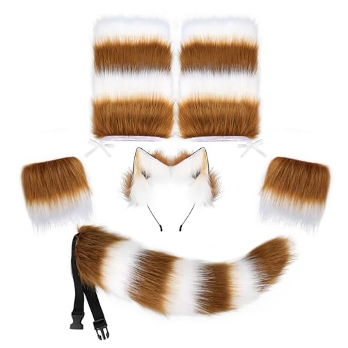 DSOPV Wolfsfuchskostüm-Set, 4-teilig, bequem, Halloween, Wolfsohren und Pfoten, mit Ohr-Stirnband, Tierkrallenarmbänder, Schwanz, Beinstulpen, Partygeschenke für Damen (Braun) von DSOPV