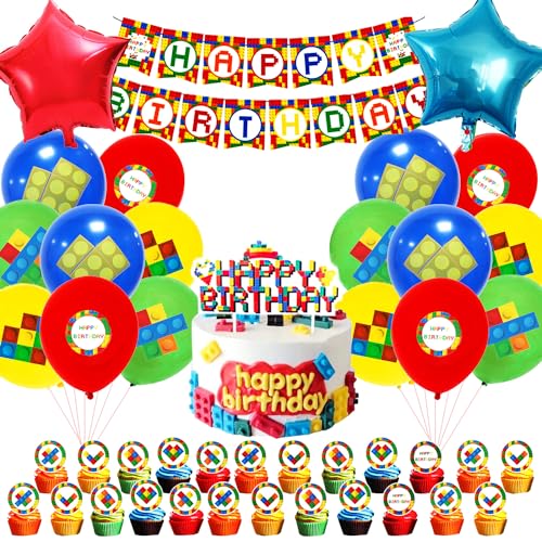 Bausteine Geburtstags Party Dekoration,Baustein Thema Party Deko Set, Kinder Geburtstagsdeko,Luftballons Partyzubehör Set, Happy birthday Banner,Ballons,Cupcake Topper,Cake Topper,Für Jungen,Mädchen von DSTLWBCS